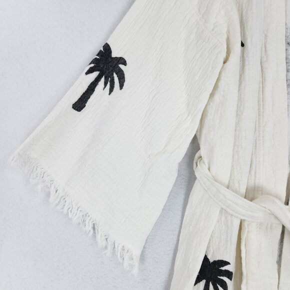 Club Teal Robe Womens One Size Cream Off White Hand Made Palm Tree Resort Kimono - Picture 4 of 11